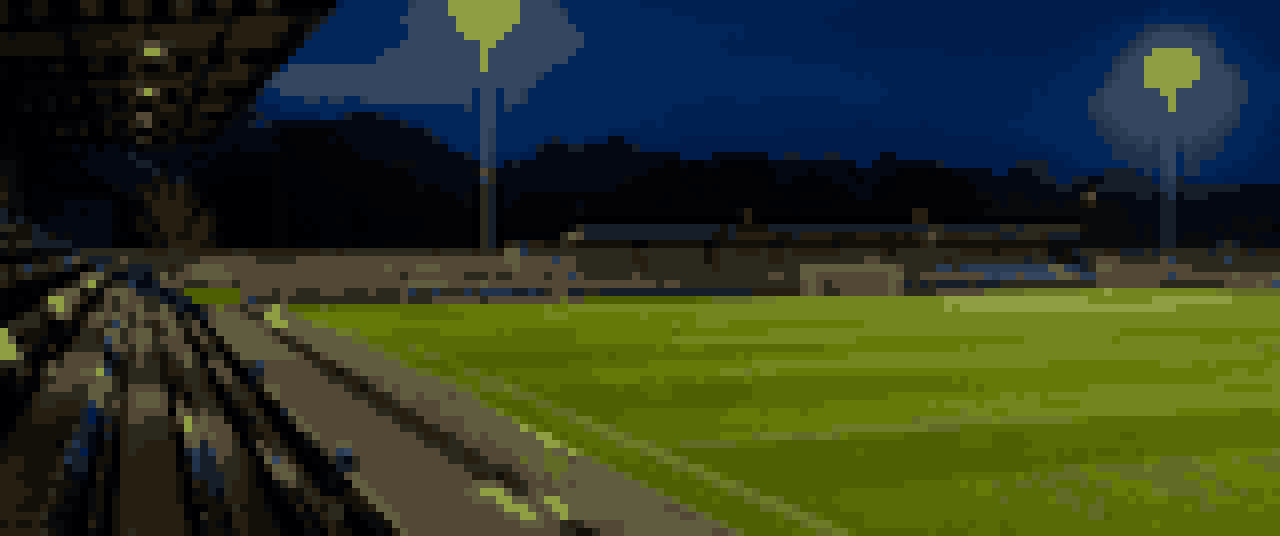 Pixelgrafik: ein Fussballstadion in der Abenddaemmerung unter Flutlicht, leere Traenge, beleuchteter Rasen