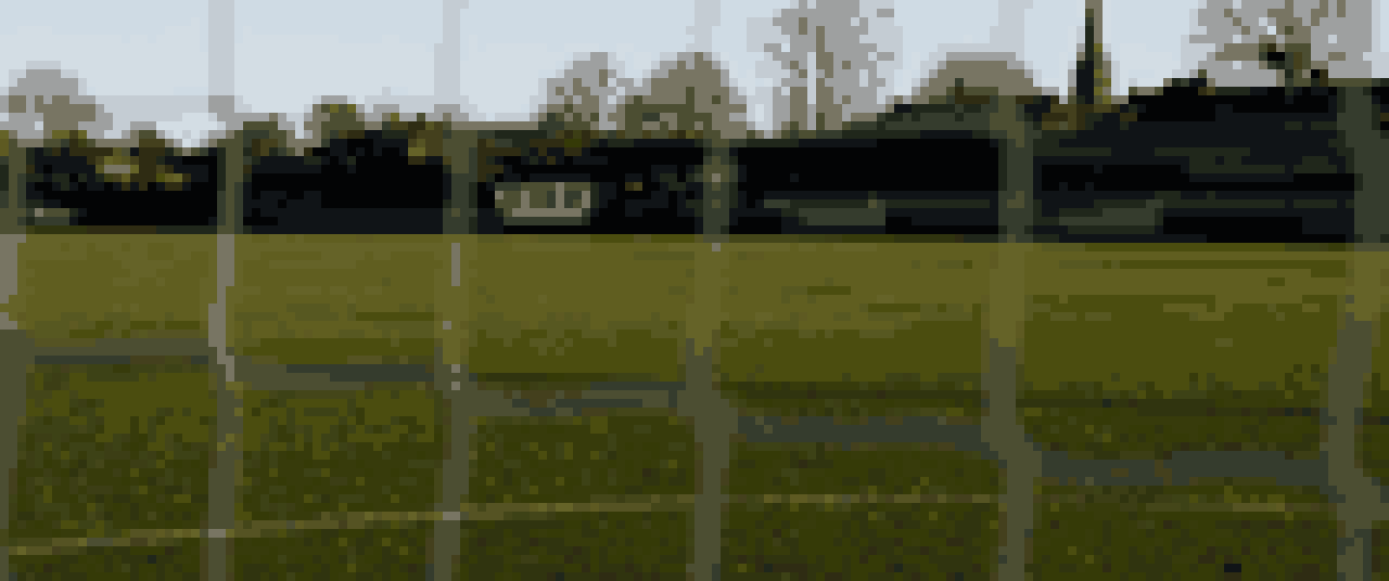 Pixelgrafik: Blick hinter das Tor eines Fussballplatzes, das Netz im Vordergrund, Rasen und Tribuene dahinter